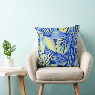 Sunny Blue and Orange Palm Leaf Tropical Beach Cushion
