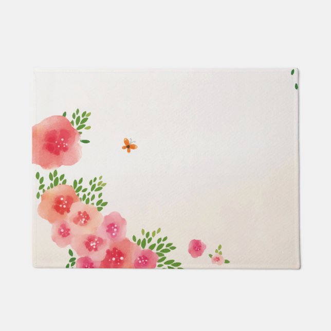 Sunny Blush Pink Flowers Butterfly Watercolor Doormat (Front)