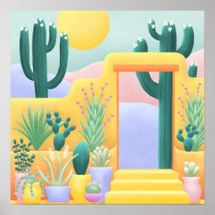 Sunny Cactus Garden Desert Landscape Illustration Poster