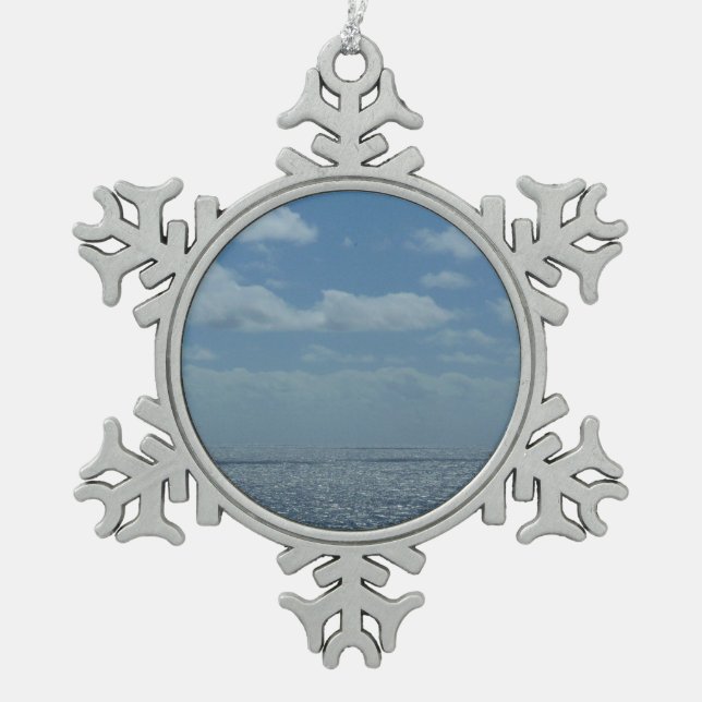 Sunny Caribbean Sea Blue Ocean Snowflake Pewter Christmas Ornament (Front)