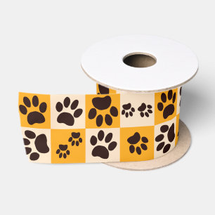 Sunny Cat Paw Print Checkerboard Satin Ribbon