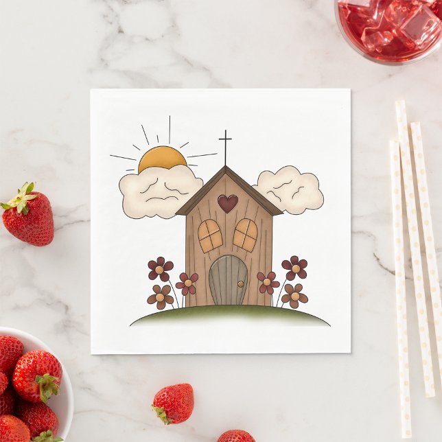 Sunny Church With Flowers Rustic Country Charm  Napkin (Creator Uploaded)