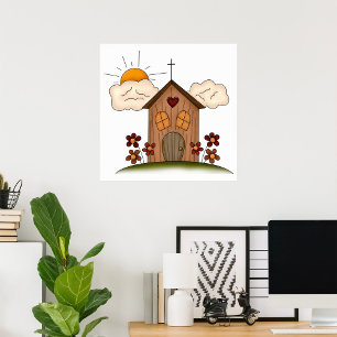 Sunny Church With Flowers Rustic Country Charm  Poster