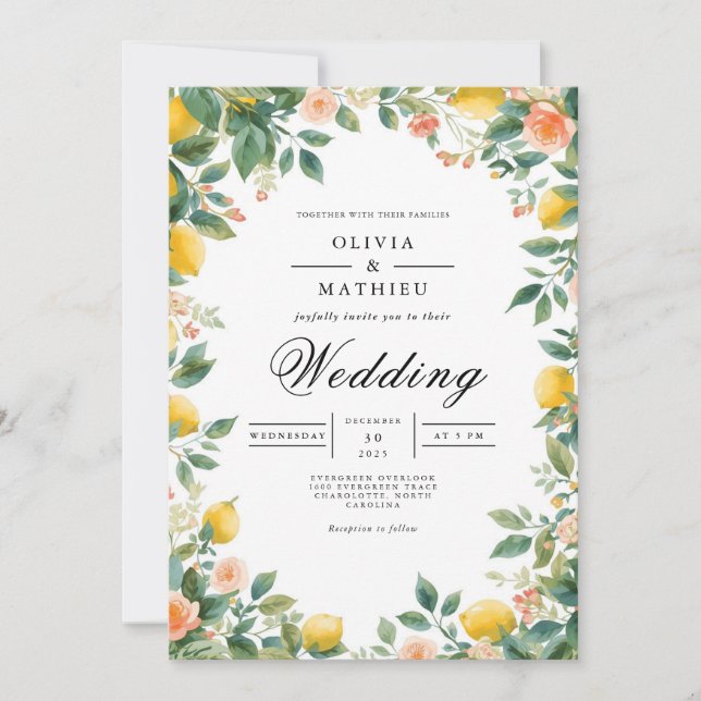 Sunny Citrus Archway Botanical Wedding Invitation (Front)