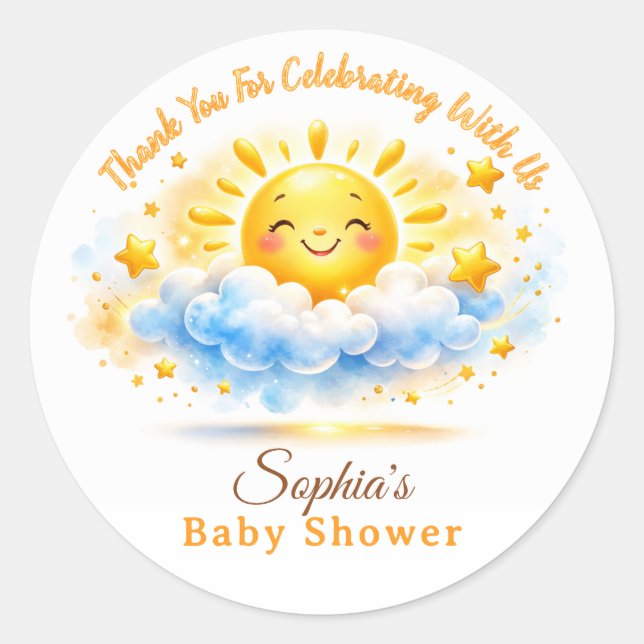 Sunny Clouds Baby Shower Cupcake Toppers Classic Round Sticker (Front)