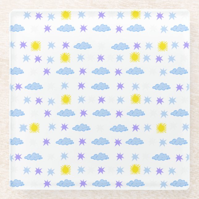 Sunny, Cloudy, Starry Weather Pattern Glass Coaster (Front)