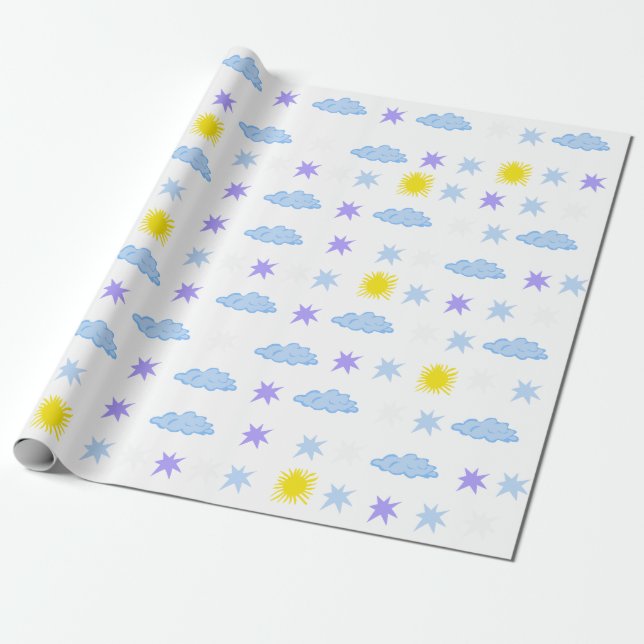 Sunny, Cloudy, Starry Weather Pattern Wrapping Paper (Unrolled)