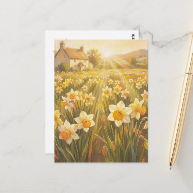 Sunny Daffodils - Pastel Painting Style Art Postcard (Front/Back In Situ)