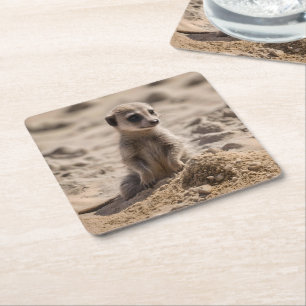 "Sunny Days: Baby Meerkat's Beach Adventure" Square Paper Coaster
