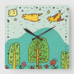 Sunny Days Flying Cats Pets Cute Baby Nursery Square Wall Clock