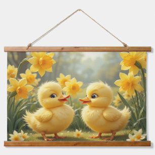 Sunny Duckling Duo Among Daffodils  Hanging Tapestry