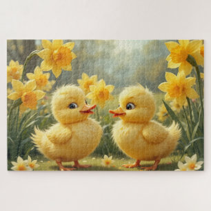 Sunny Duckling Duo Among Daffodils Jigsaw Puzzle