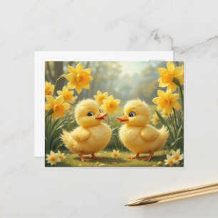 Sunny Duckling Duo Among Daffodils  Postcard