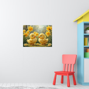 Sunny Duckling Duo Among Daffodils Poster
