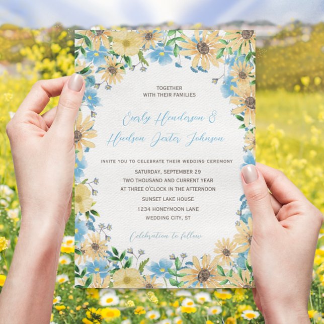 Sunny Elegance Blue Sky Watercolor Floral Wedding  Invitation (Creator Uploaded)