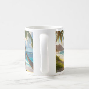 Sunny Escape–Palm Trees & Deckchairs by the Shore Coffee Mug