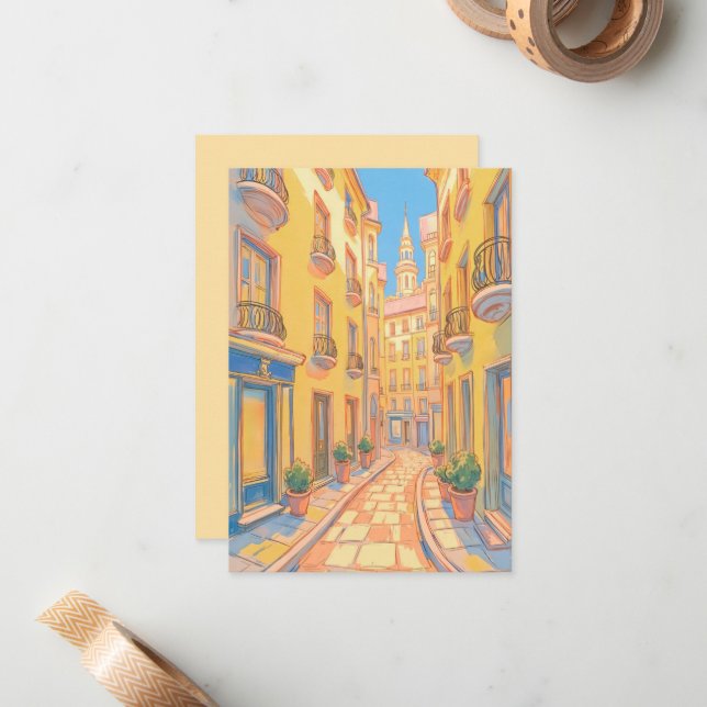 Sunny European Street Cosy Architecture Travel Art Card (Front/Back In Situ)