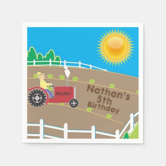 Sunny Farm Tractor Custom Kids Birthday Napkin (Front)