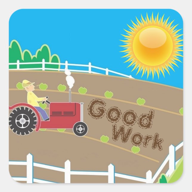 Sunny Farm Tractor Kids Good Work Reward Square Sticker (Front)