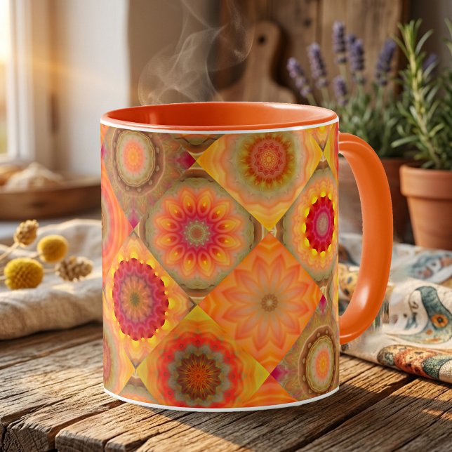 Sunny Floral Patterned Design Mug (Mug with an abstract floral art pattern in quilt or patchwork style in warm sunny colors.)