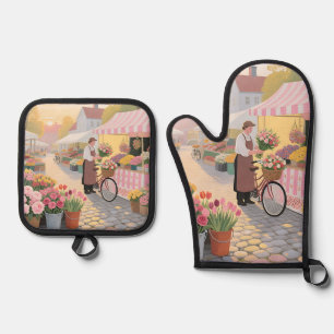 Sunny Flower Street Scene Oven Mitt & Pot Holder Set