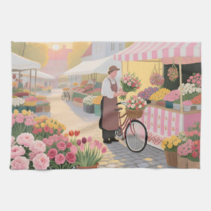 Sunny Flower Street Scene Tea Towel