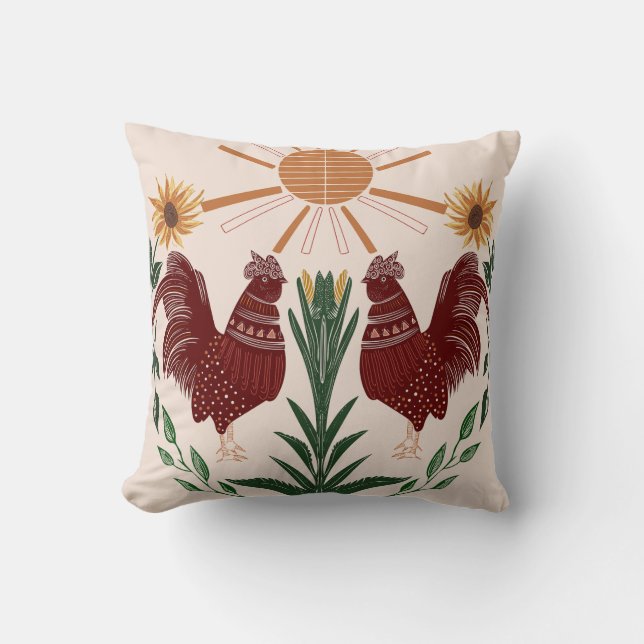 Sunny Folk Art Rooster Symmetrical Design Cushion (Front)