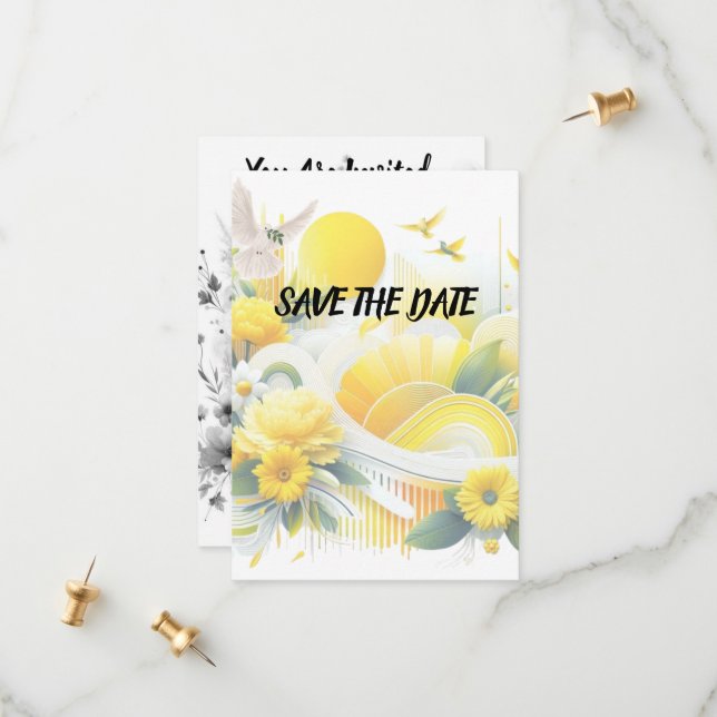 Sunny Fusion: Yellow & Lime Vibrant Designs Save The Date (Front/Back In Situ)
