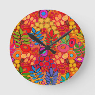 Sunny Garden Flowers - Red Yellow Orange Round Clock