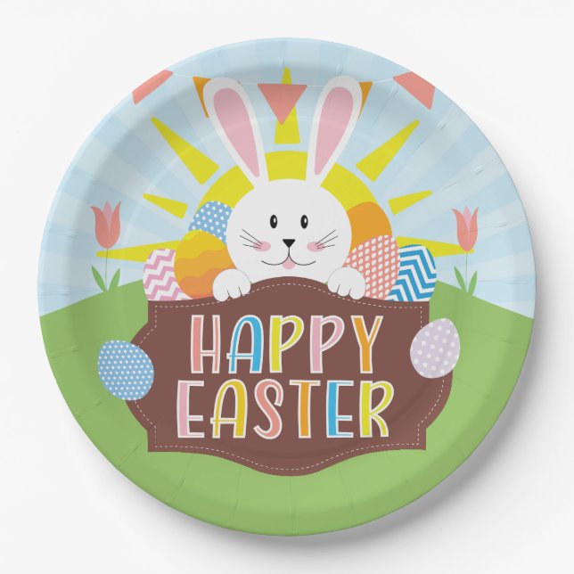 Sunny Happy Easter Bunny & Colourful Eggs Holiday Paper Plate (Front)