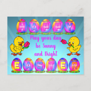 Sunny Happy Easter Eggs Greeting Chicken & Tulip Postcard