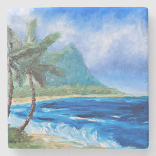 Sunny Hawaii Beach Painting Tropical Paradise Palm Stone Coaster