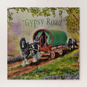 Sunny, Irish road with "Gypsy Road" Vanner Vardo Jigsaw Puzzle