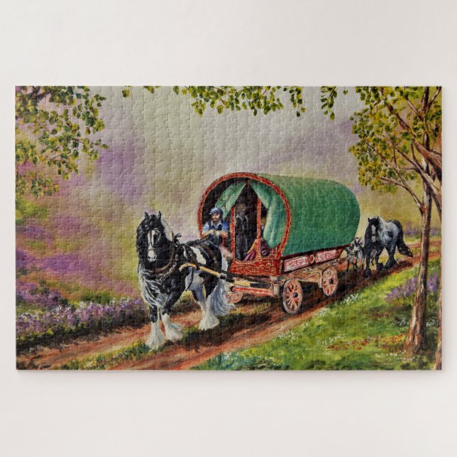Sunny, Irish road with Gypsy Vanner Vardo Jigsaw Puzzle (Horizontal)