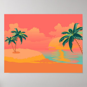 Sunny island with palm trees at sunrise design poster