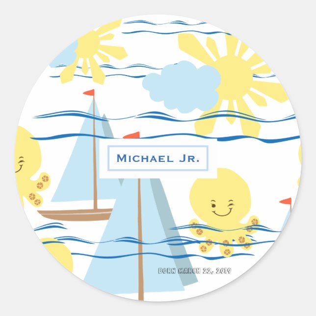 Sunny Kids Pattern, Boat, Octopus and Sun Clipart Classic Round Sticker (Front)