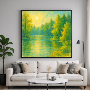 Sunny Lakeside Landscape - Pastel Painting Style Poster