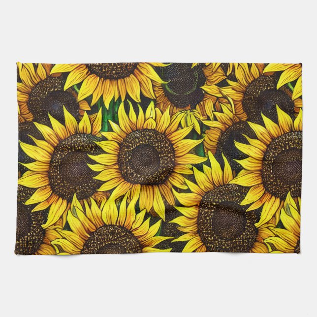 Sunny Large Sunflowers Pattern Tea Towel (Horizontal)
