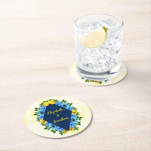 Sunny Lemon Floral Wedding Round Paper Coaster (Insitu)