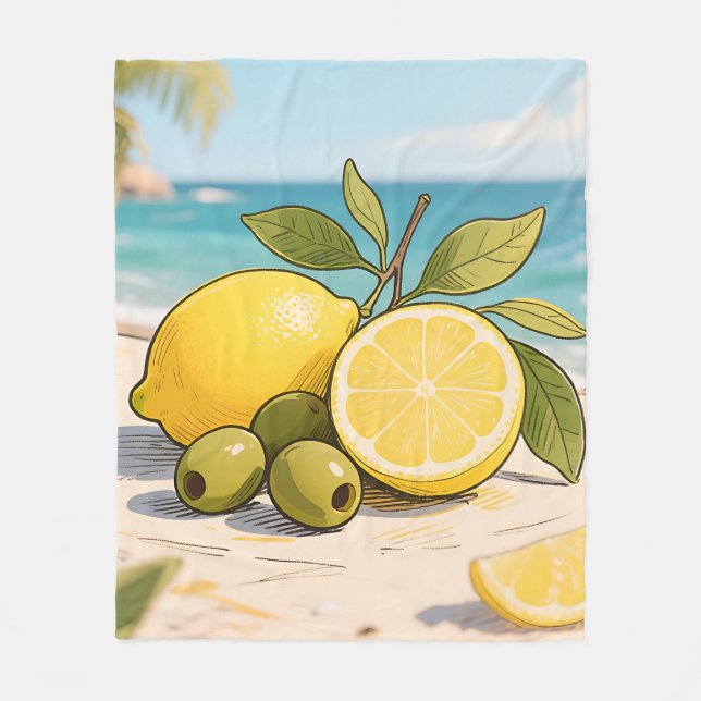 Sunny Lemon Olive Beachside Fresh Fleece Blanket (Front)