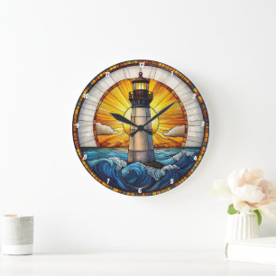 Sunny Lighthouse Waves Stained Glass Large Clock