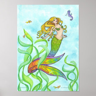 Sunny Mermaid + Fish fantasy art poster