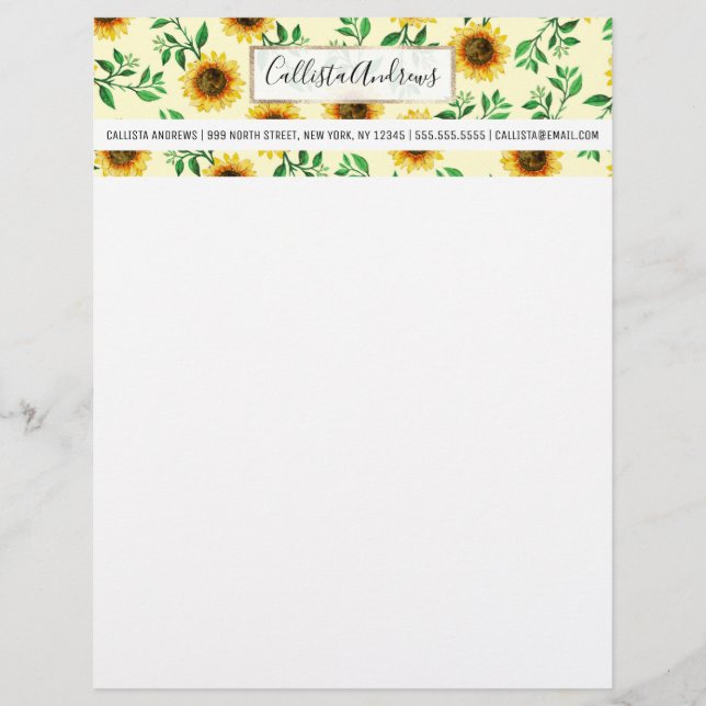 Sunny Neon Pastel Yellow Sunflowers Leaves Pattern Custom Letterhead (Front)