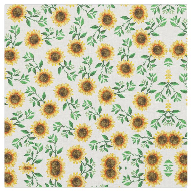 Sunny Neon Pastel Yellow Sunflowers Leaves Pattern Fabric (Close Up)