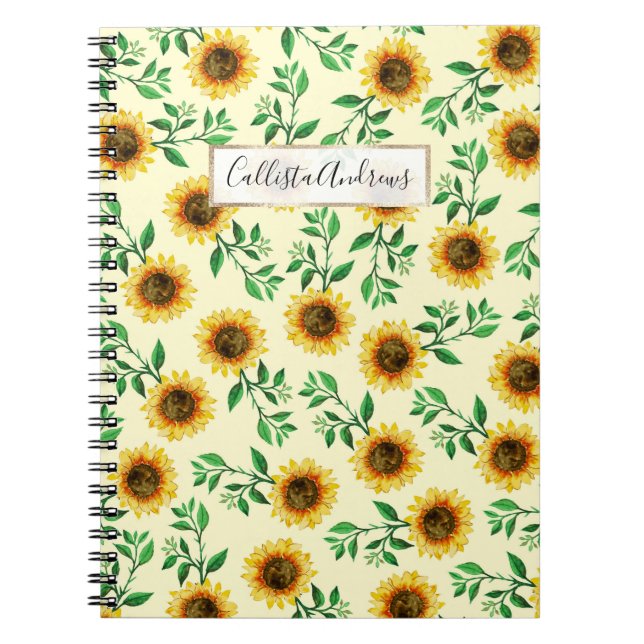 Sunny Neon Pastel Yellow Sunflowers Leaves Pattern Notebook (Front)