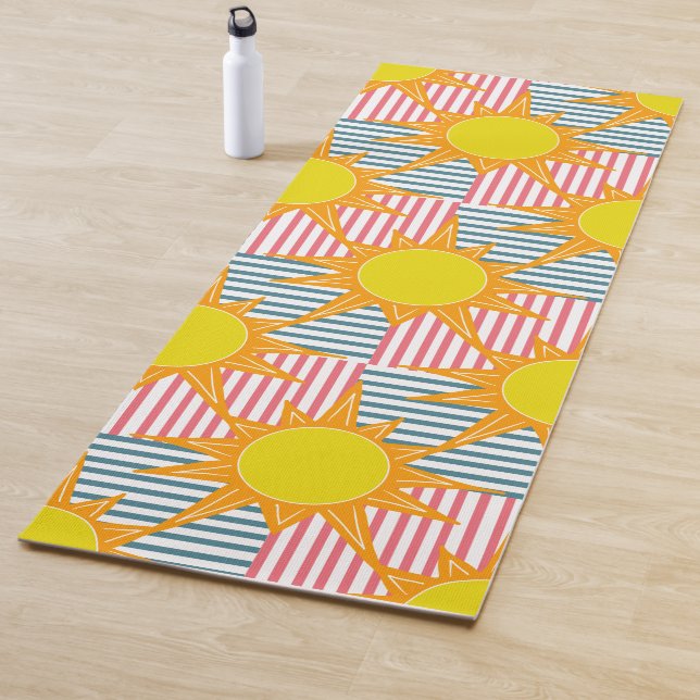 Sunny orange yellow suns on white teal pink stripe yoga mat (In Situ)