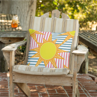 Sunny orange yellow suns white, teal pink stripes cushion