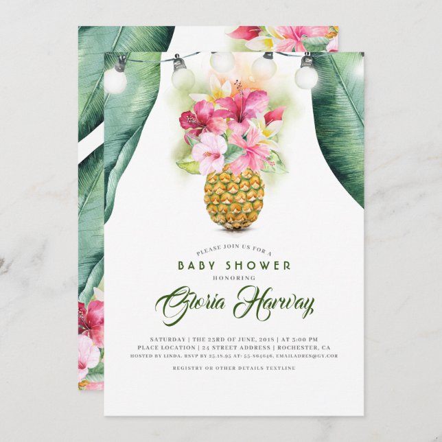 Sunny Pineapple Floral Vase Beach Baby Shower Invitation (Front/Back)