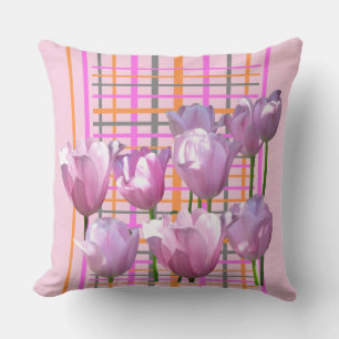 Sunny Pink Tulips Chequered Pattern Throw Pillow