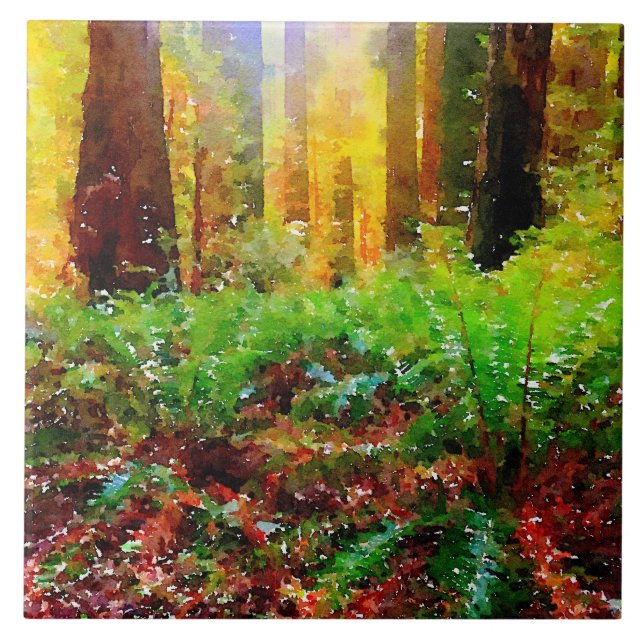 Sunny Redwoods with Ferns Watercolor Tile Trivet (Front)